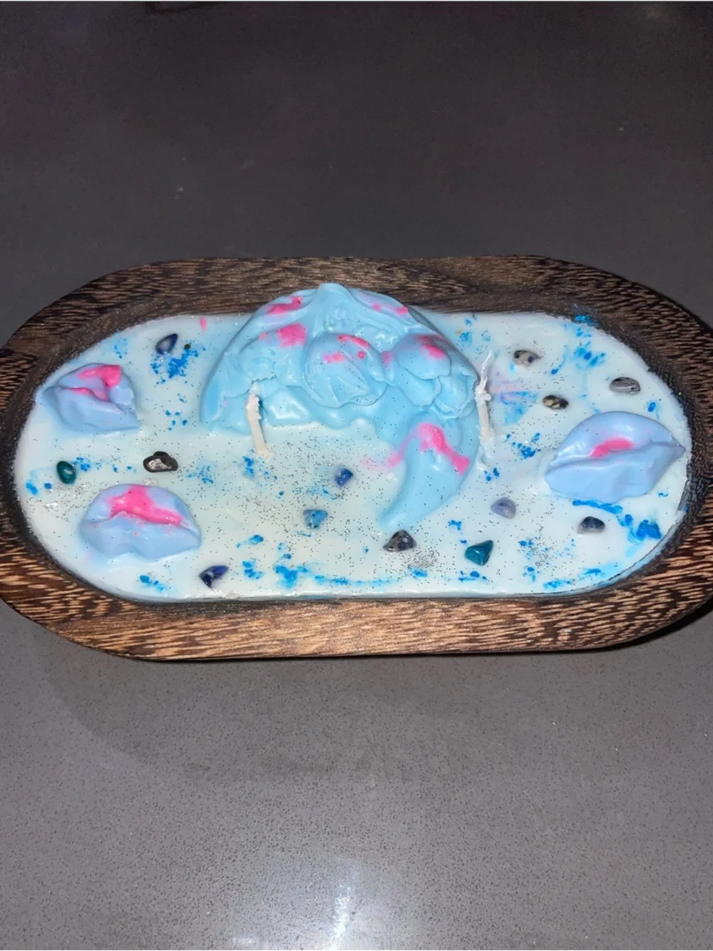 Handmade Soy “Fruity pebble” scented intention candle with crystals.